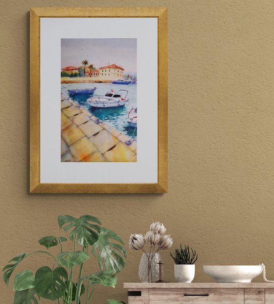 Capodistria watercolor painting (2019) | Original Hand-painted Art Small Artist | Mediterranean Europe Impressionistic