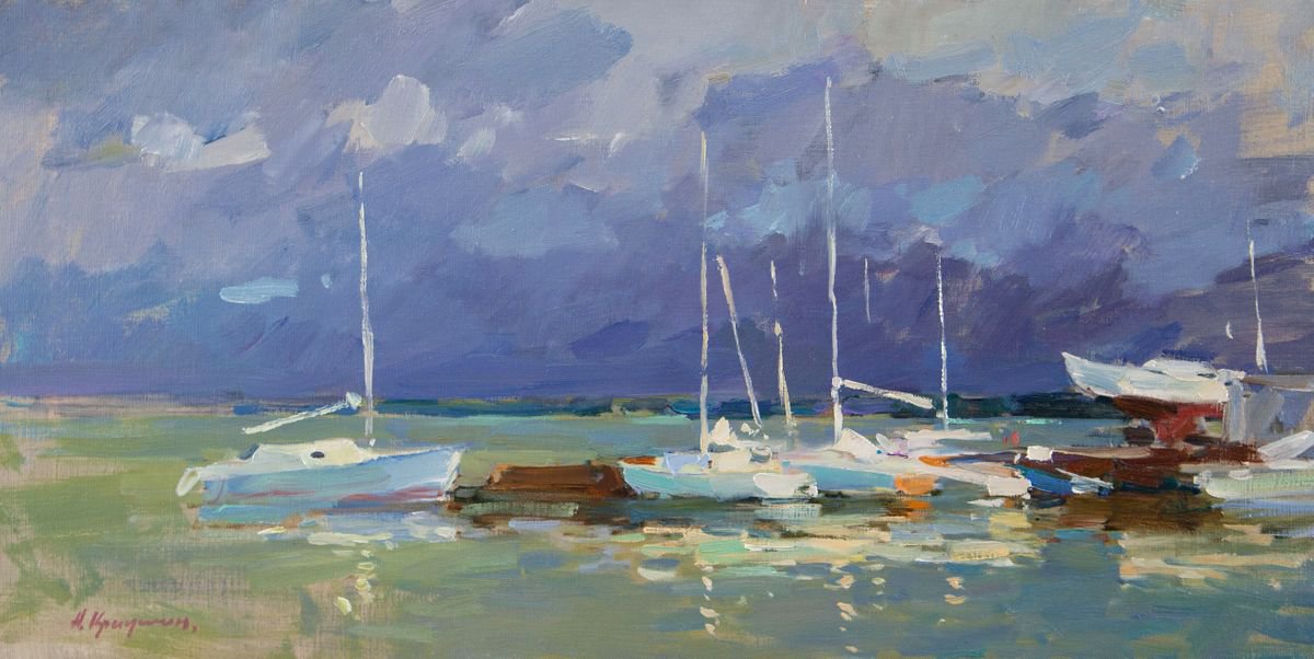 Impressionistic Landscape Oil Painting By Aleksandr Kryushyn, 31 X 16, After The Rain. Yacht Club, Original Artwork