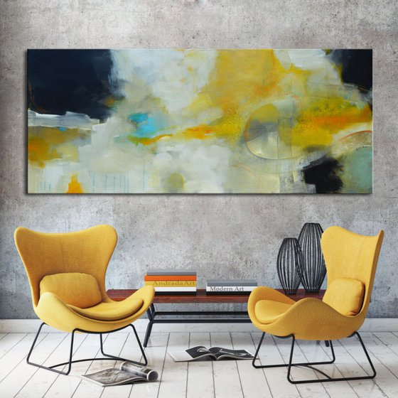 Blue Hole , 72x30, Yellow and blue Abstract Painting ready to hang