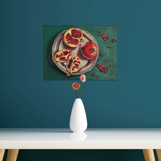 Pomegranates on metal tray