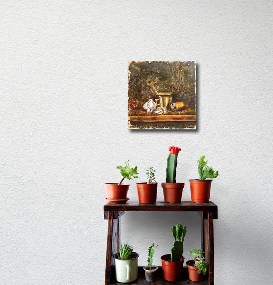 Garlic and a copper mortar