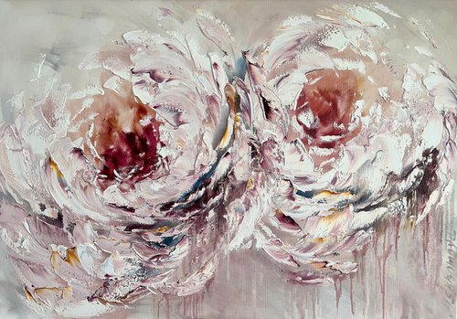 Horizontal peony paintings. Gentle peonies Paintings. by Marina Skromova