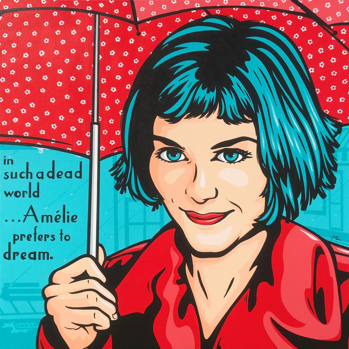 Urban And Pop Portrait Acrylic Painting By Jamie Lee, 28 X 28, Amelie Prefers To Dream, Original Artwork