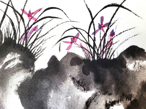 Wild purple orchids - Oriental Chinese Ink Painting