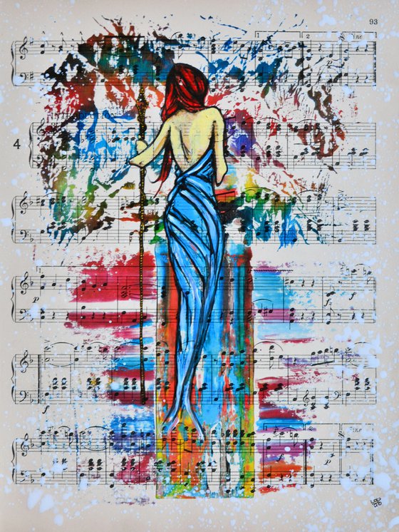 Girl In The Blue Dress - Collage Art on Real Vintage Sheet Music Page