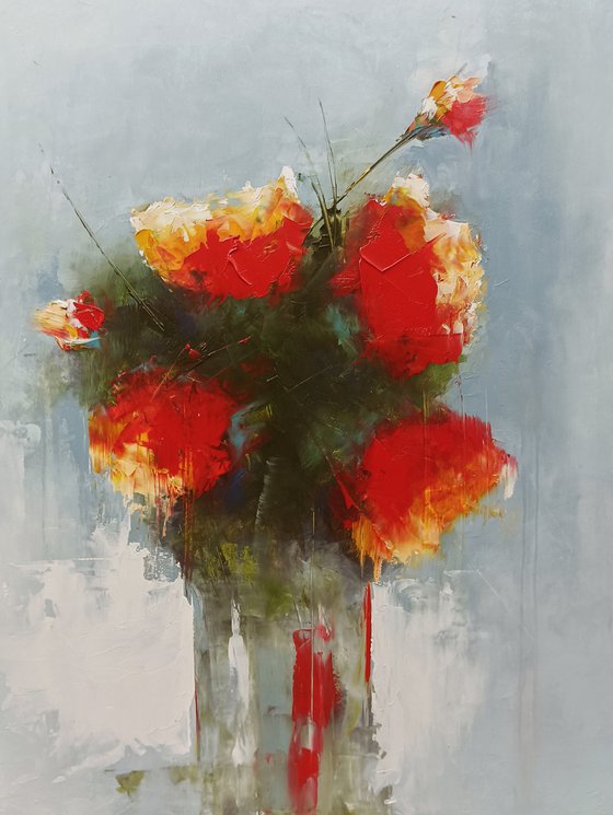 Still life with red flowers in vase. Gift idea