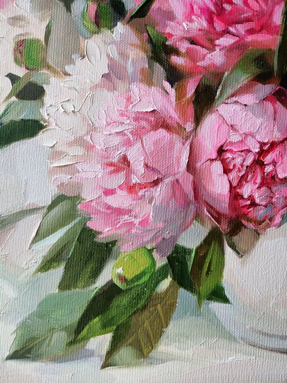 Pink peony painting original canvas art, Flowers art painting, Floral still life