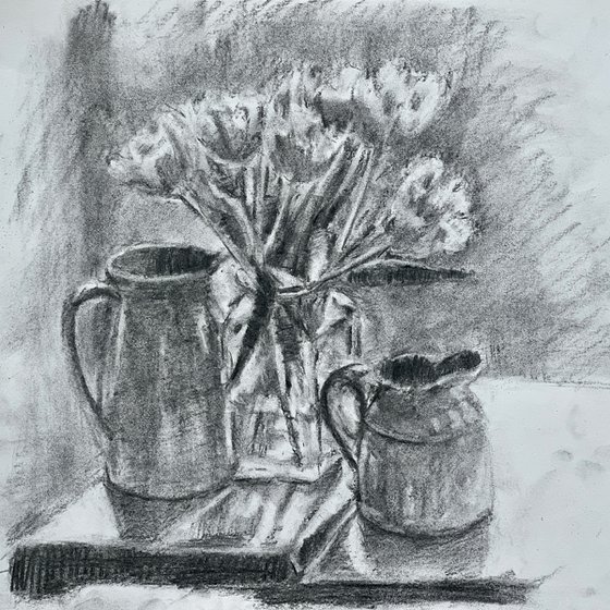 Still life with tulips and jugs