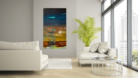 Big Vertical painting - "Orange sunset" - Boat - Sailboat - Seascape - Ocean - Sunset