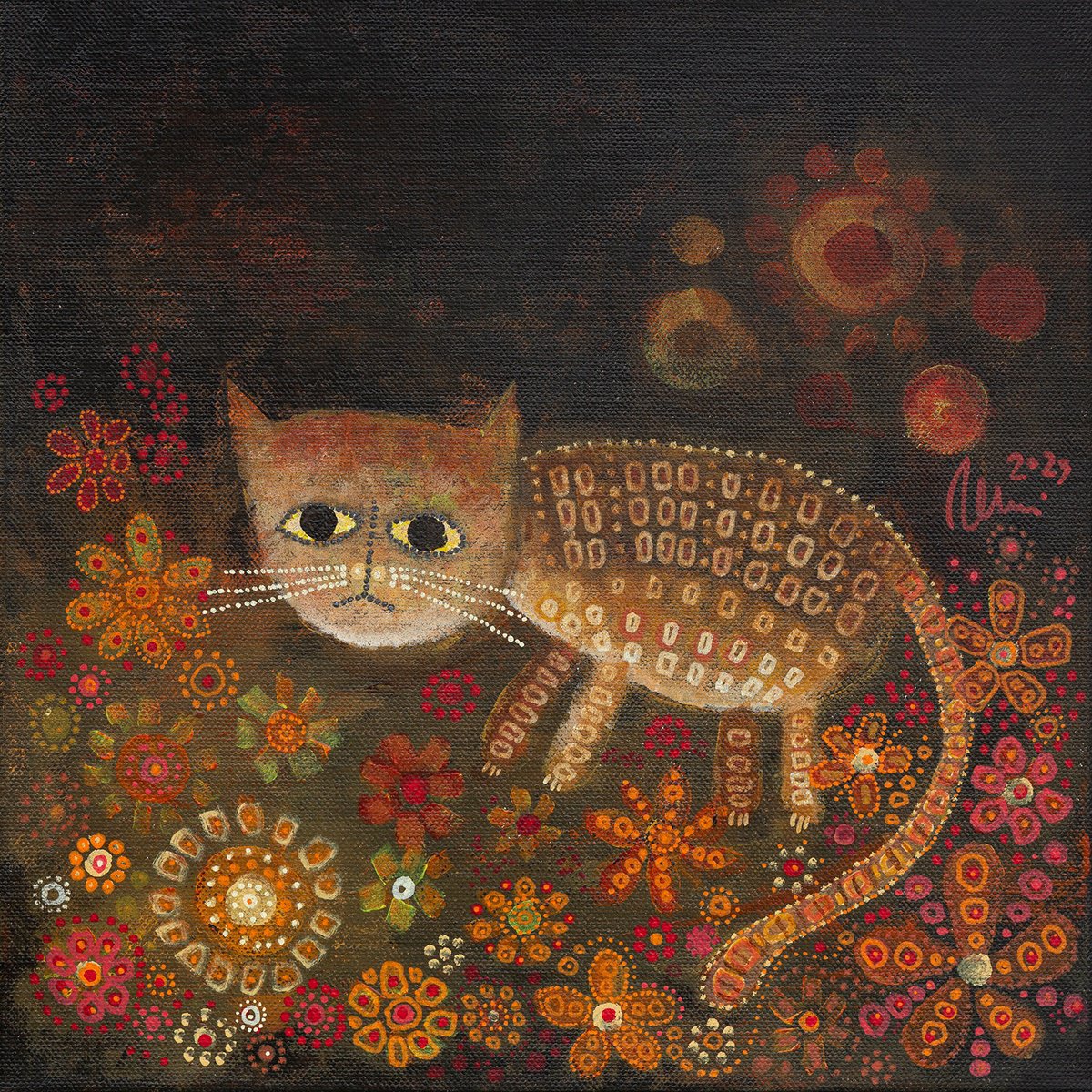 Organic Animal Acrylic Painting By Peter Zelei, 12 X 12", Felis Catus Botanicus Iii., Original Artwork