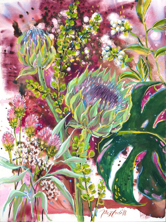 Monstera and Artichokes on violet III