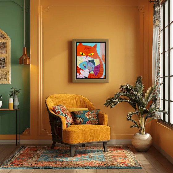 Orange Cat with Colorful Fish