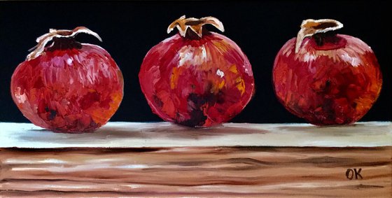 Still life with three Pomegranates fruits still life original oil painting on canvas wall decor