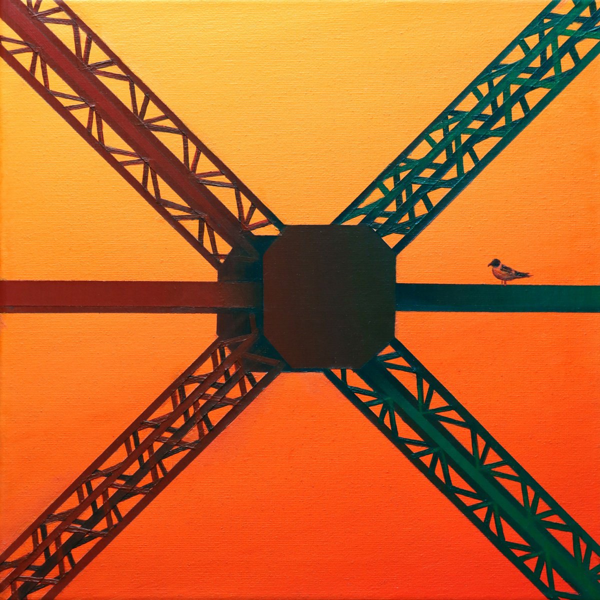 Photorealistic Cityscapes Acrylic Painting By Zoltan Till, 12 X 12", Seagull On The Frame, Original Artwork