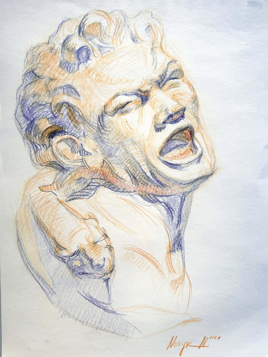 Impressionistic Portrait Pencil Drawing By Nataliia Nosyk, 9 X 12", The Agony Of Marsyas, Original Artwork
