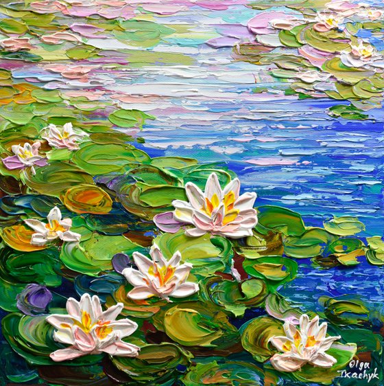Water Lilies Pond II - Impasto Floral Art, Palette Knife Painting