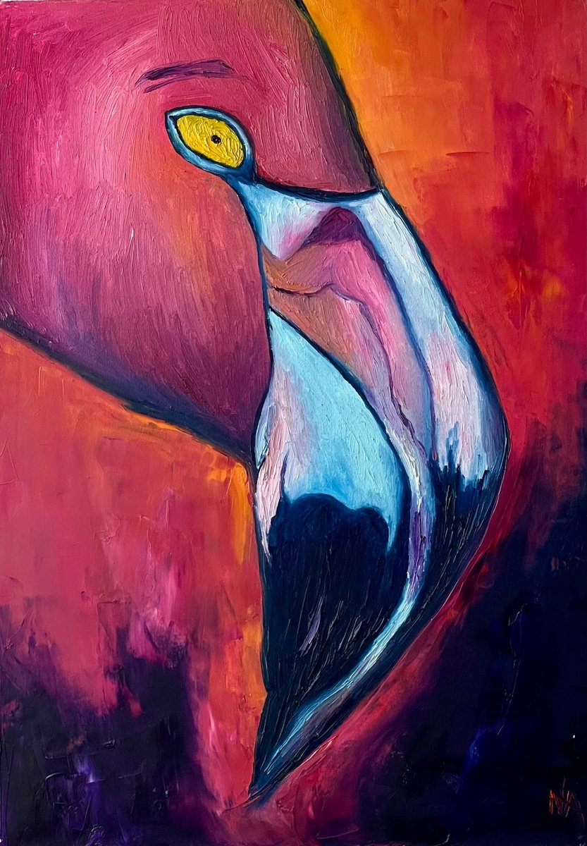 Abstract Animal Oil Painting By Anastasiia Novitskaya, 20 X 28, Flamingo, Original Artwork