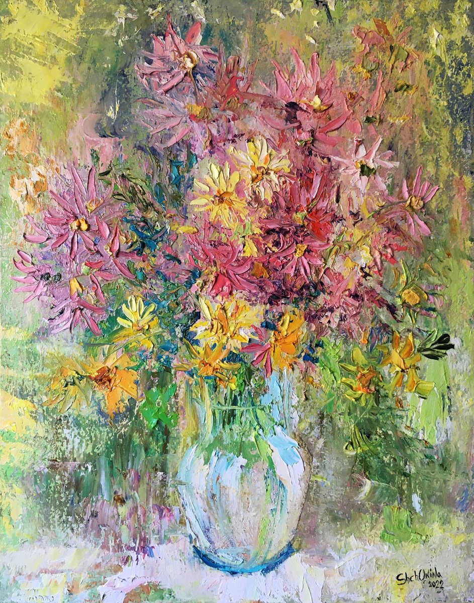 Bouquet a la prima pink on white . Light floral picture . Impressionistic etude by Helen Shukina