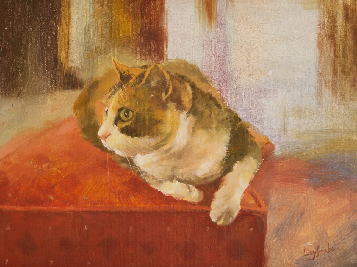 Impressionistic Animal Oil Painting By Ling Strube, 16 X 12", Pay Attention, Original Artwork