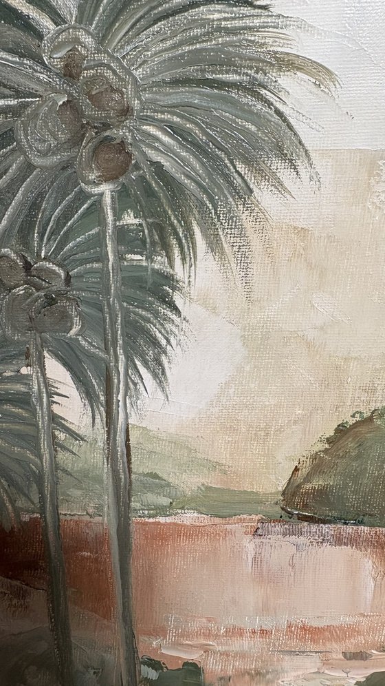 Tropical Reverie Palm Trees, Hills, Water