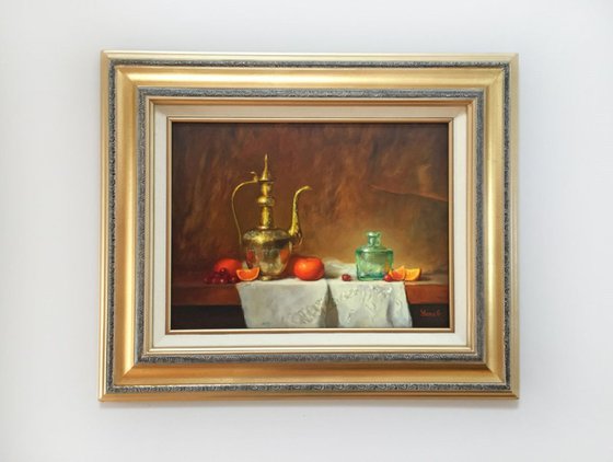 Still Life with Pitcher, Mandarins and Glass Bottle.