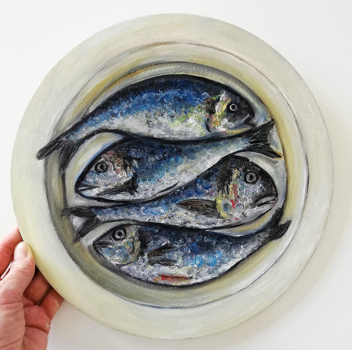 Impressionistic Still Life Oil Painting By Katia Ricci, 12 X 12", Four Fishes In A Plate, Original Artwork