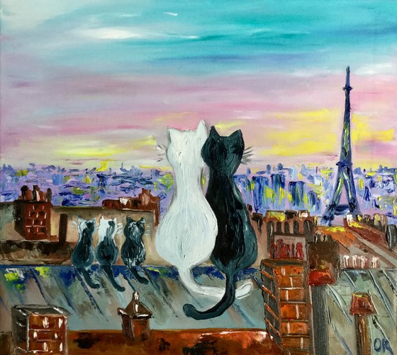 Cats in Paris. Travel to Paris, Parisian roofs , romantic nights, spring time, morning , sunrise