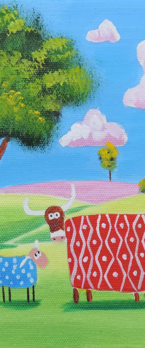 Highland cow and sheep folk art oil painting on canvas by Gordon Bruce