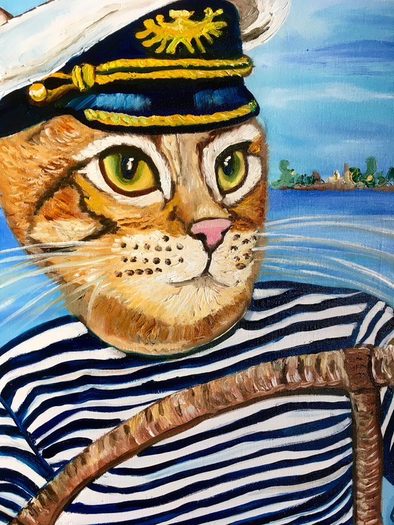 Troy The  Cat- Captain  oil painting for cat lovers.