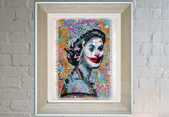 Queen Elizabeth II Like a Joker - Pop Art Collage on Large Real English Dictionary Vintage Book Page