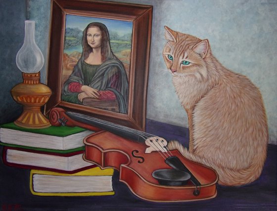 Still life with Mona Lisa and Ginger Cat