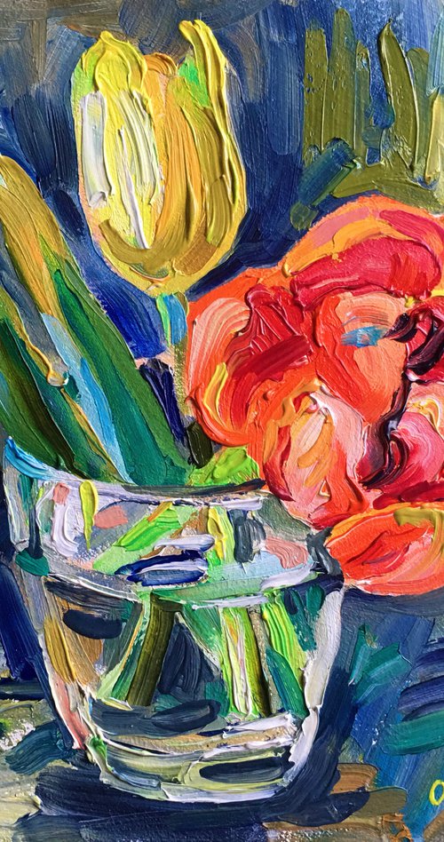 Still life with a yellow and red tulip by Ole Karako