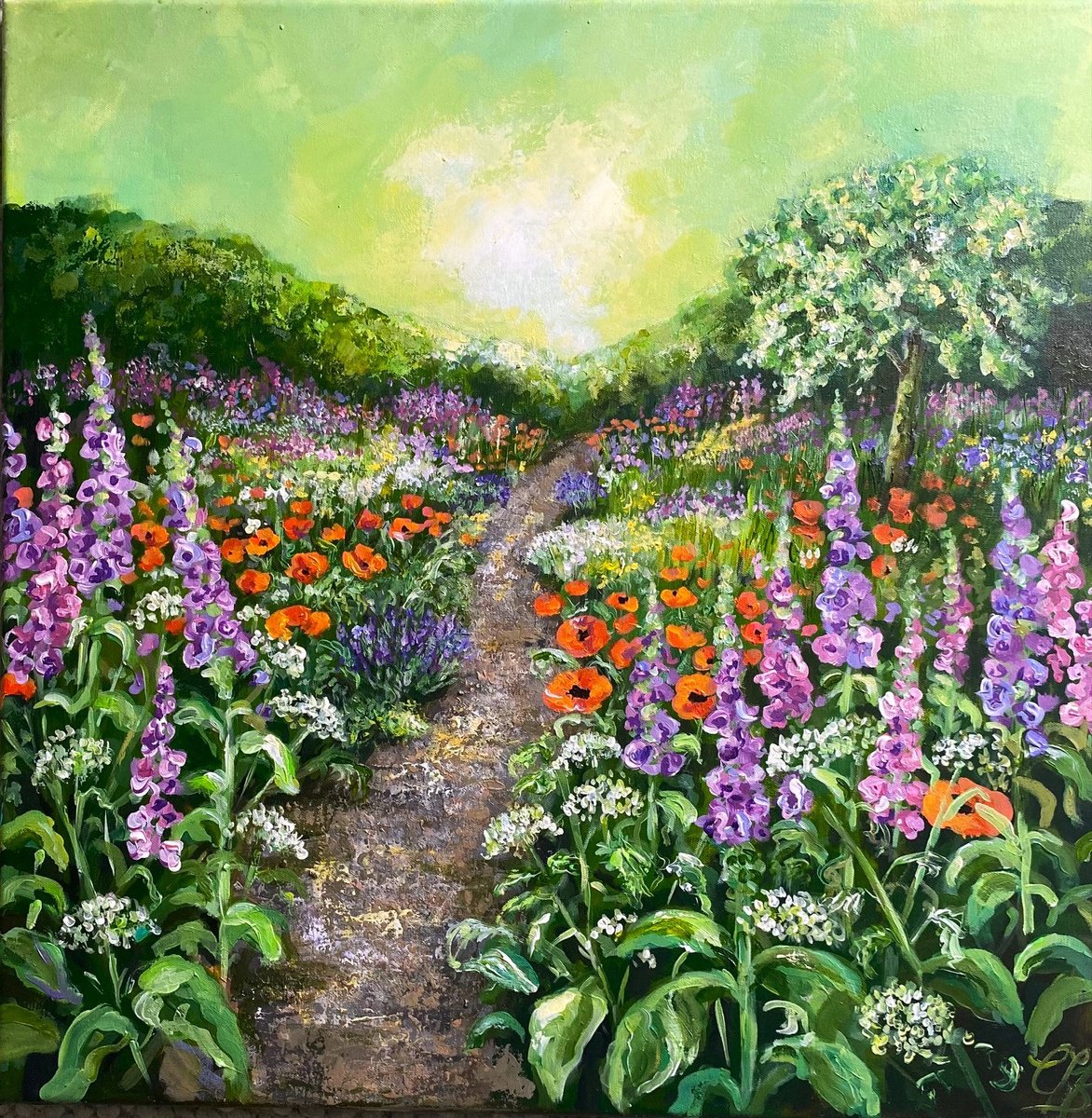 Impressionistic Botanical Acrylic Painting By Colette Baumback, 28 X 28, Up The Garden Path 2, Original Artwork