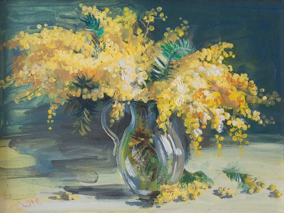 Yellow mimosas in a vase, bouquet of flowers