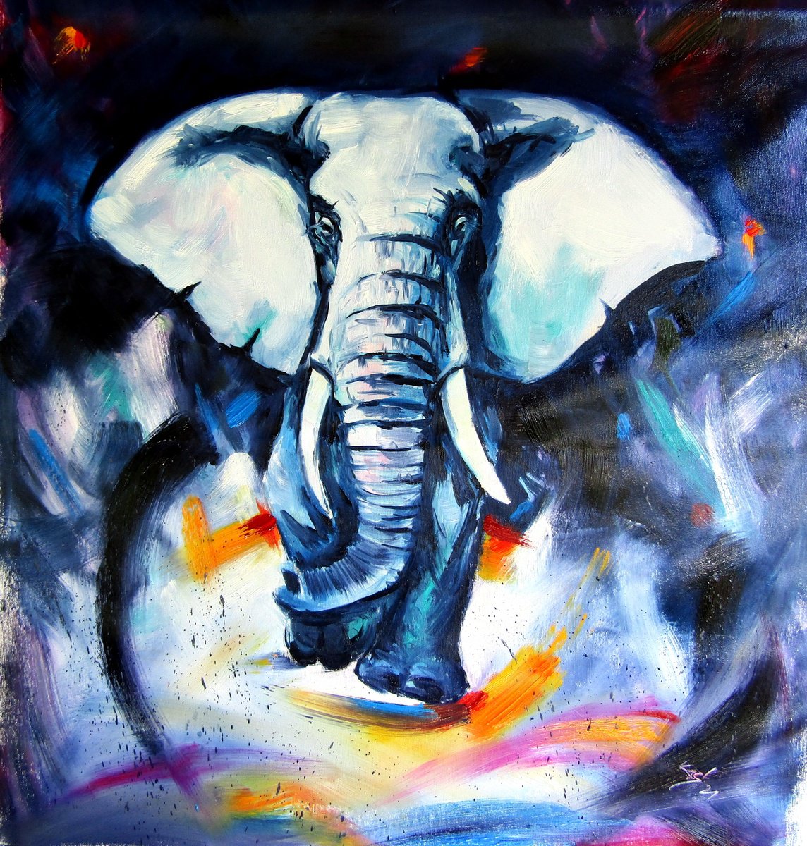 Impressionistic Animal Oil Painting By Kovacs Anna Brigitta, 28 X 28", Majestic Elephant At Night, Original Artwork