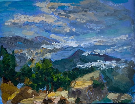 "Sunset in Crimea mountains", 18*24cm, impressionistic oil mountains landscape etude painting