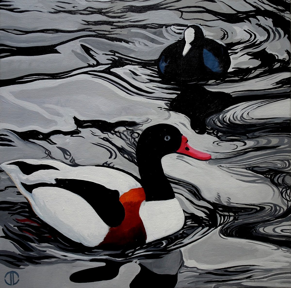 Impressionistic Animal Acrylic Painting By Joseph Lynch, 20 X 20, Shelduck And Coot, Original Artwork