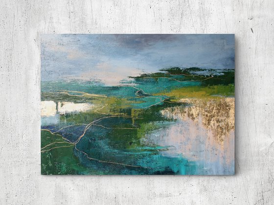"North 2" Abstract nature green gold acrylic