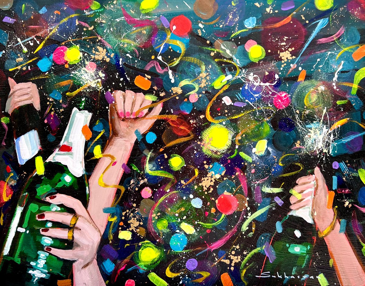 Impressionistic Abstract Acrylic Painting By Victoria Sukhasyan, 14 X 11", Party Night, Original Artwork