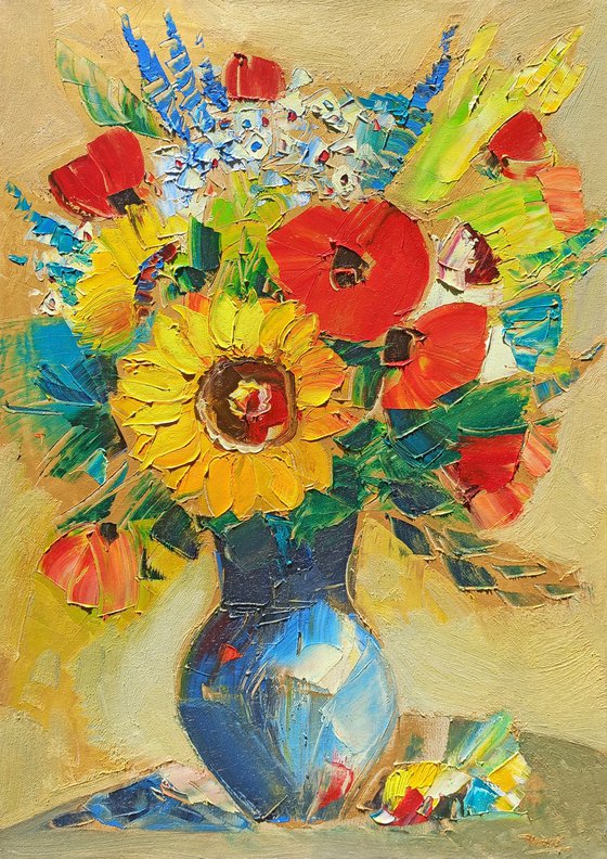 Field flowers in vase-2 (50x70cm, oil painting,  ready to hang)