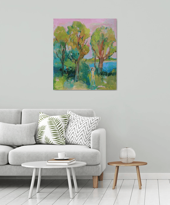 The girl is sunbathing