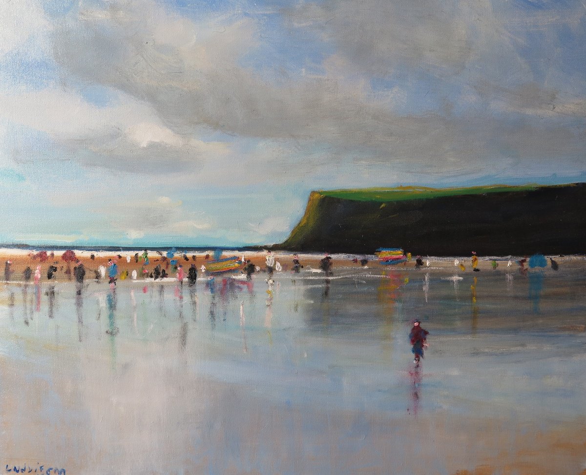 Impressionistic Landscape Oil Painting By Malcolm Ludvigsen, 30 X 24", Saltburn Beach, Original Artwork