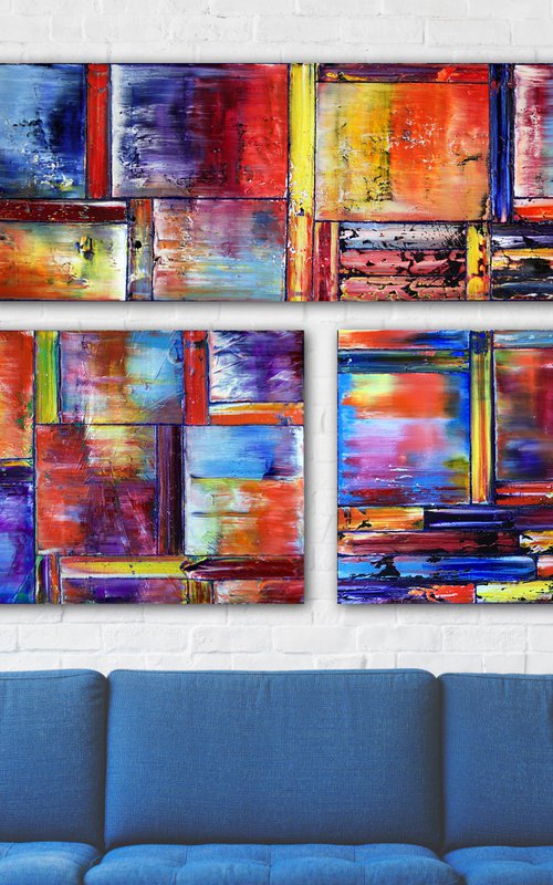 "Instant Nirvana" - Save As A Series - Original Xt Large PMS Abstract Triptych Oil Paintings On Canvas - 66" x 44" by Preston M. Smith (PMS)