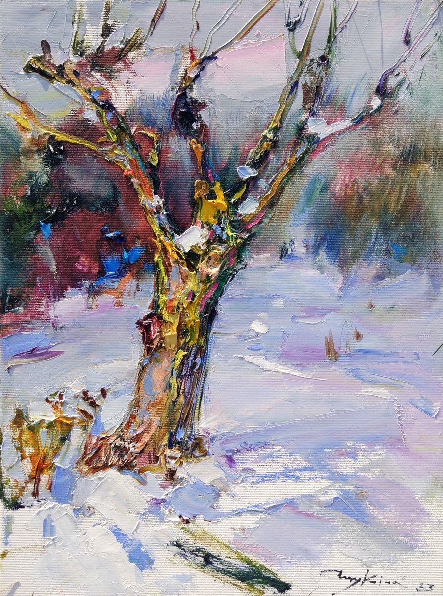 Winter landscape | Snow and Trees | Original oil painting by Helen Shukina
