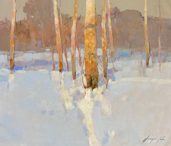 Winter Day, Landscape oil painting, Handmade artwork