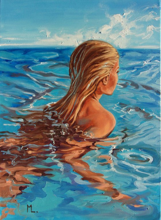 " JUST BLUE " 50 x 70 cm SWIMMING POOL original painting  PARADISE GIFT MODERN URBAN ART OFFICE ART DECOR HOME DECOR GIFT IDEA