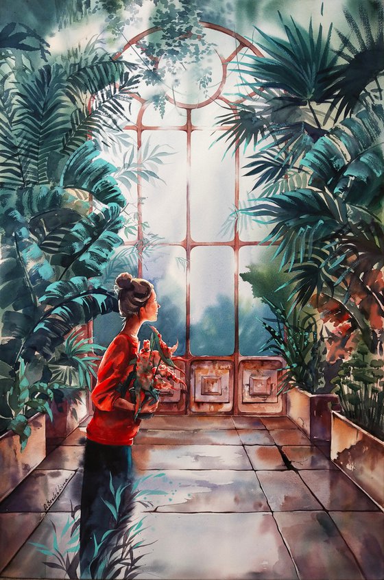 Botanical garden fairy #01- large watercolor painting, girl in a red sweater