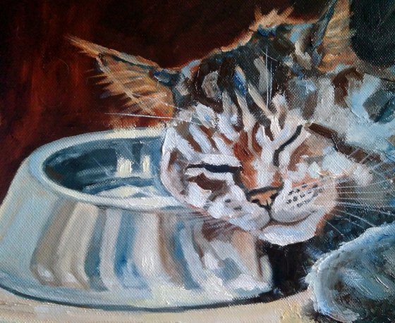 Night Watch, Cat Oil Painting Maine Coon Original Art Funny