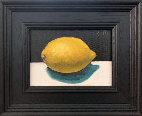 Lemon Still Life original oil realism painting, with wooden frame.