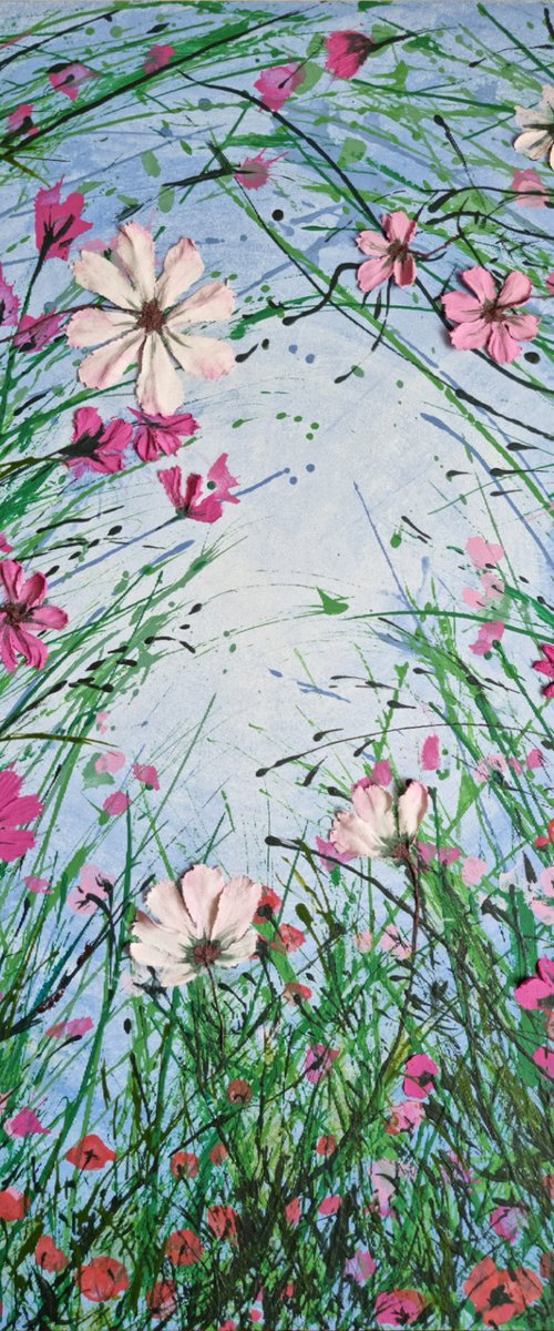 Relaxing in a summer meadow. Relief landscape with a green grass and pink textured wildflowers by Irina Stepanova